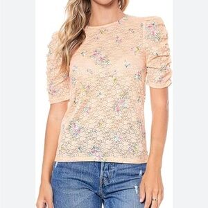 Elodie floral lace short puff sleeve mesh top orange size small